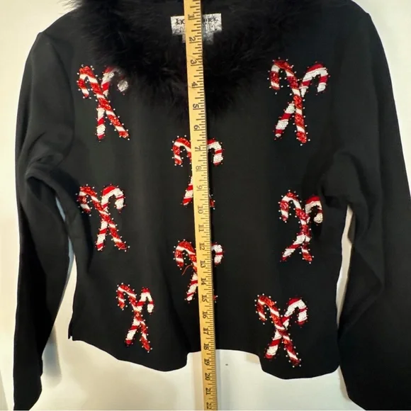 Jack B Quick M Christmas Holiday Sweater Candy Canes Beading Black, Red, White - Picture 6 of 7